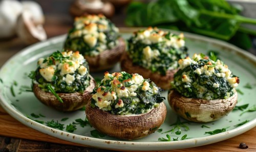 Spinach and feta stuffed mushrooms on a pastel green plate AI generated