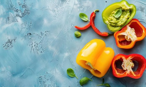 Sliced bell peppers with guacamole on a light blue background AI generated