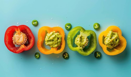 Sliced bell peppers with guacamole on a light blue background AI generated