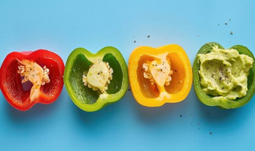 Sliced bell peppers with guacamole on a light blue background AI generated