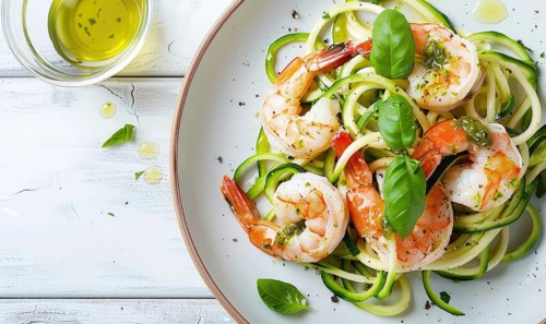 Shrimp and zucchini noodles with pesto on a light wooden background AI generated