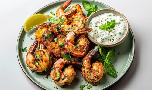 Shrimp and zucchini fritters with yogurt dip on a pastel green plate AI generated