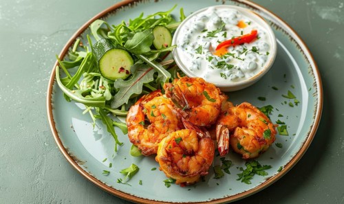 Shrimp and zucchini fritters with yogurt dip on a pastel green plate AI generated