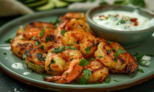 Shrimp and zucchini fritters with yogurt dip on a pastel green plate AI generated