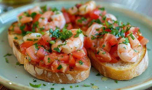 Shrimp and tomato bruschetta on a pastel green plate AI generated