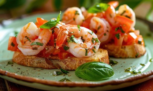 Shrimp and tomato bruschetta on a pastel green plate AI generated