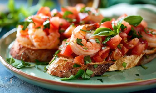 Shrimp and tomato bruschetta on a pastel green plate AI generated