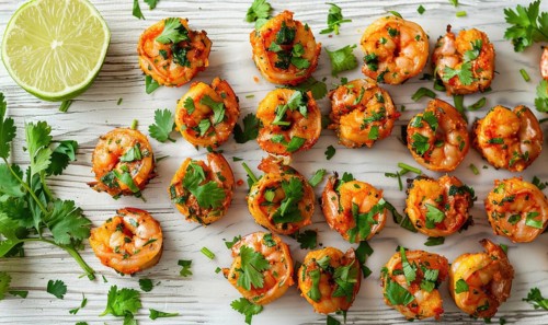 Shrimp and sweet potato bites with cilantro on a light wooden background AI generated