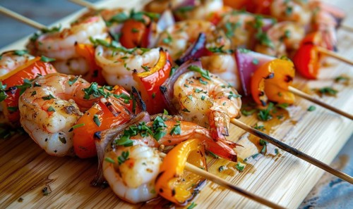 Shrimp and roasted vegetable skewers on a light wooden background AI generated