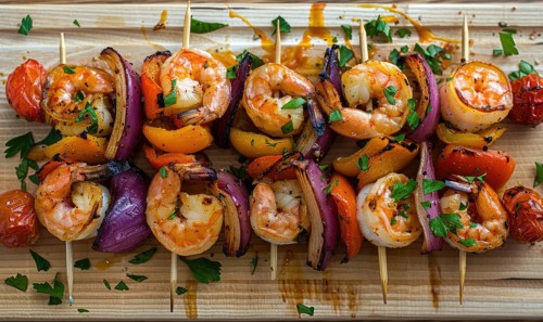 Shrimp and roasted vegetable skewers on a light wooden background AI generated