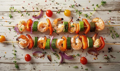 Shrimp and roasted vegetable skewers on a light wooden background AI generated