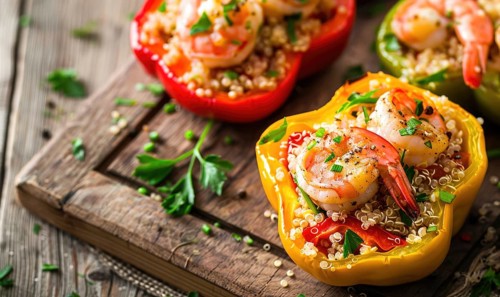 Shrimp and quinoa stuffed bell peppers on a light wooden background AI generated