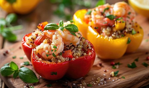 Shrimp and quinoa stuffed bell peppers on a light wooden background AI generated