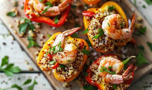 Shrimp and quinoa stuffed bell peppers on a light wooden background AI generated