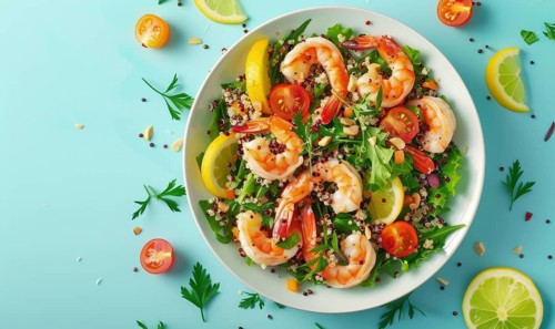 Shrimp and quinoa salad with citrus dressing on a light blue background AI generated