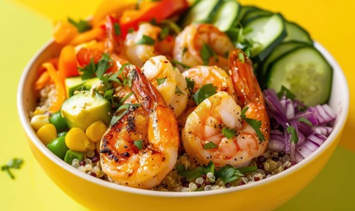 Shrimp and quinoa bowl with vegetables on a pastel yellow plate AI generated