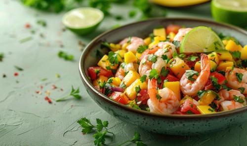 Shrimp and mango salsa with lime on a light green background AI generated