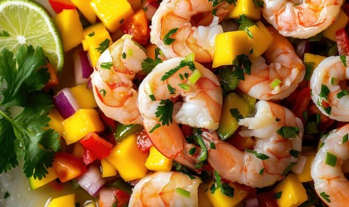 Shrimp and mango salsa with lime on a light green background AI generated
