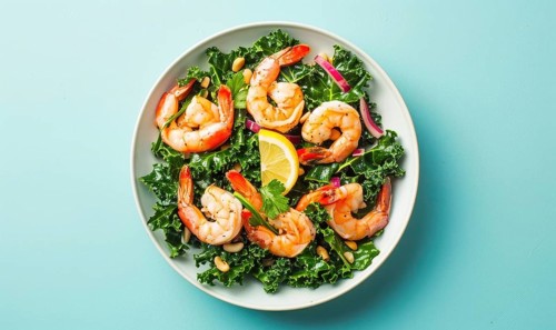 Shrimp and kale salad with lemon vinaigrette on a light blue background AI generated