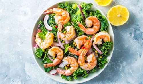 Shrimp and kale salad with lemon vinaigrette on a light blue background AI generated