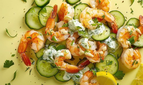 Shrimp and cucumber salad with yogurt dressing on a light yellow background AI generated