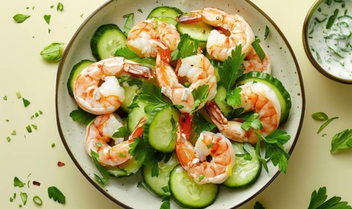 Shrimp and cucumber salad with yogurt dressing on a light yellow background AI generated