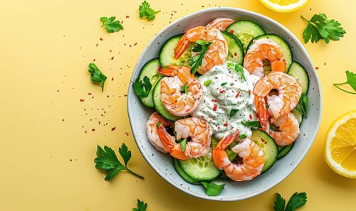 Shrimp and cucumber salad with yogurt dressing on a light yellow background AI generated