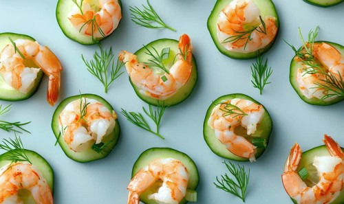 Shrimp and cucumber bites with dill on a light blue background AI generated
