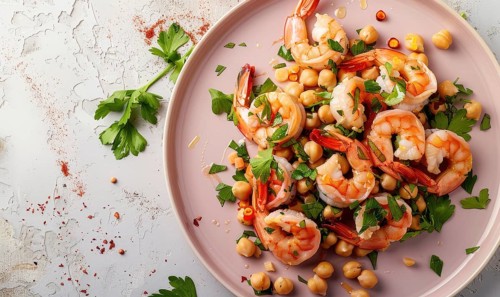Shrimp and chickpea salad with parsley on a pastel pink plate AI generated