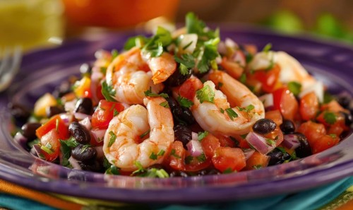 Shrimp and black bean salsa with cilantro on a pastel purple plate AI generated