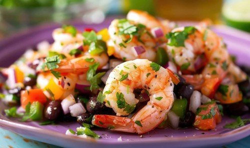 Shrimp and black bean salsa with cilantro on a pastel purple plate AI generated
