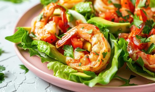 Shrimp and avocado salad wraps with lettuce on a pastel pink plate AI generated