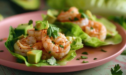 Shrimp and avocado salad wraps with lettuce on a pastel pink plate AI generated