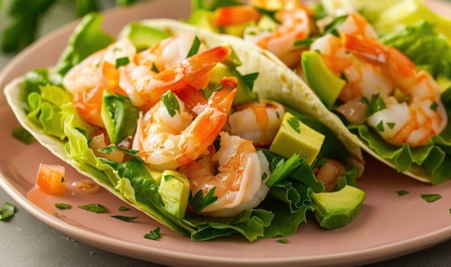 Shrimp and avocado salad wraps with lettuce on a pastel pink plate AI generated