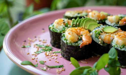 Shrimp and avocado rolls with seaweed on a pastel pink plate AI generated