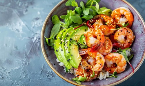 Shrimp and avocado poke bowl with sesame seeds on a pastel purple plate AI generated