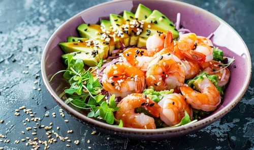 Shrimp and avocado poke bowl with sesame seeds on a pastel purple plate AI generated