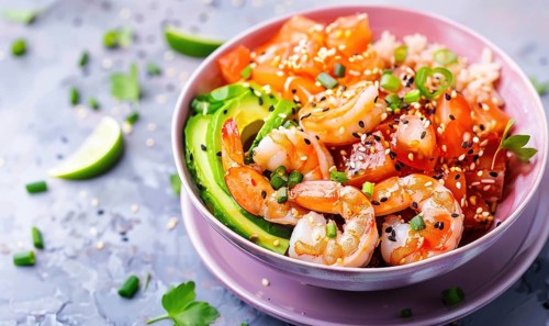 Shrimp and avocado poke bowl with sesame seeds on a pastel purple plate AI generated