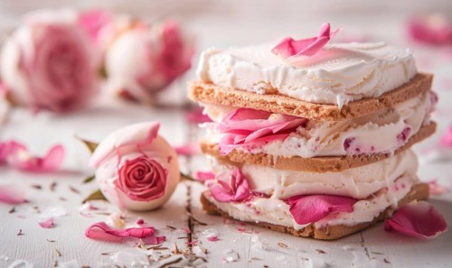 Rose petal ice cream sandwich on a light wooden background AI generated