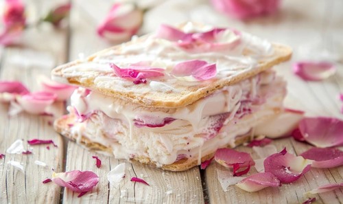 Rose petal ice cream sandwich on a light wooden background AI generated