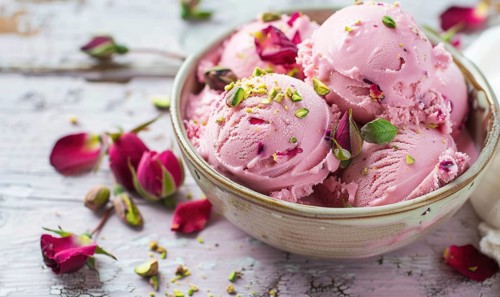 Rose petal gelato with pistachio topping on a light wooden background AI generated