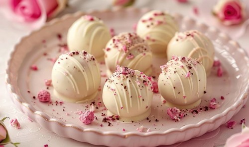 Rose and white chocolate truffles on a pastel pink plate AI generated