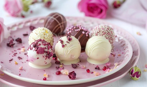 Rose and white chocolate truffles on a pastel pink plate AI generated