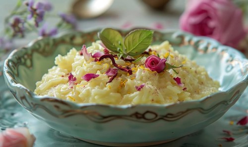 Rose and saffron rice pudding on a pastel green plate AI generated