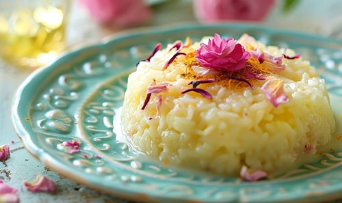 Rose and saffron rice pudding on a pastel green plate AI generated