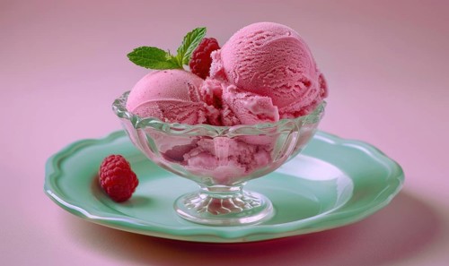 Rose and raspberry sorbet in a glass bowl on a pastel green plate AI generated