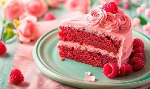 Rose and raspberry cake with rose frosting on a pastel green plate AI generated