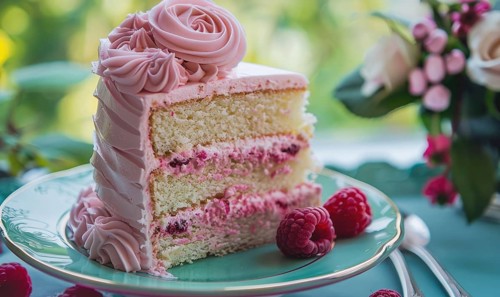 Rose and raspberry cake with rose frosting on a pastel green plate AI generated