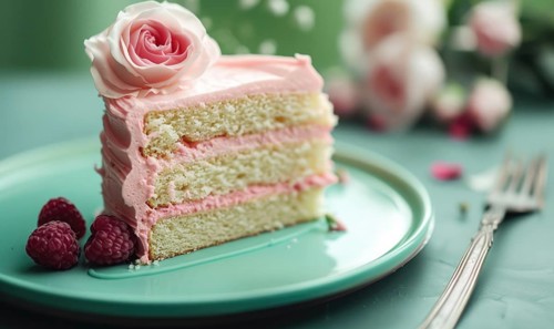 Rose and raspberry cake with rose frosting on a pastel green plate AI generated