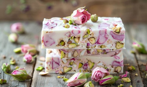 Rose and pistachio nougat on a light wooden background AI generated